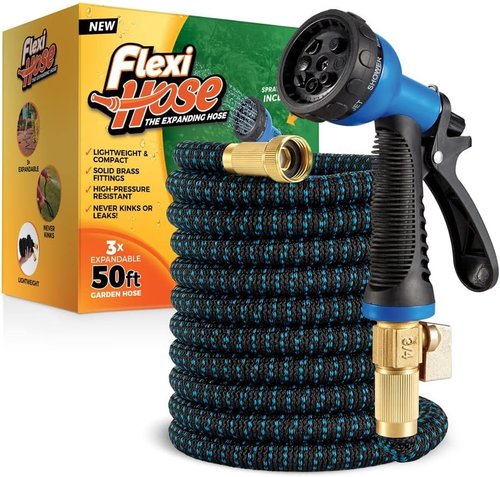 Flexi Hose Expandable Garden Hose - 50FT Lightweight & No-Kink with 8 Function Nozzle | Solid Brass Fittings