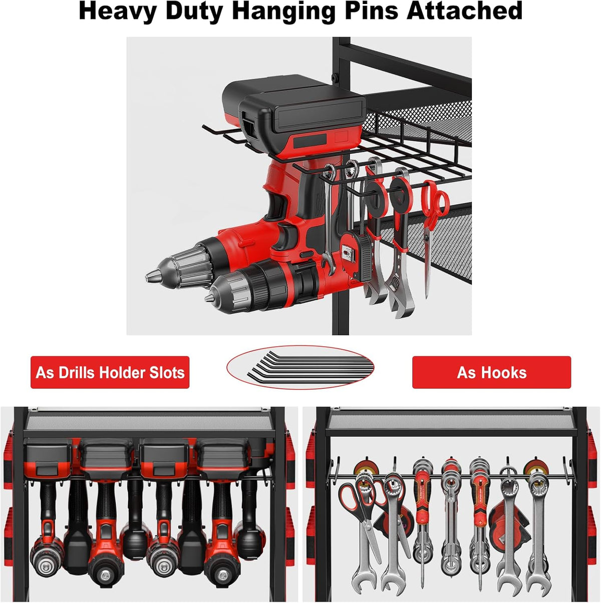 JUNNUJ Power Tool Organizer Cart - Heavy Duty Rolling Storage Rack with 20A Charging Station | Red