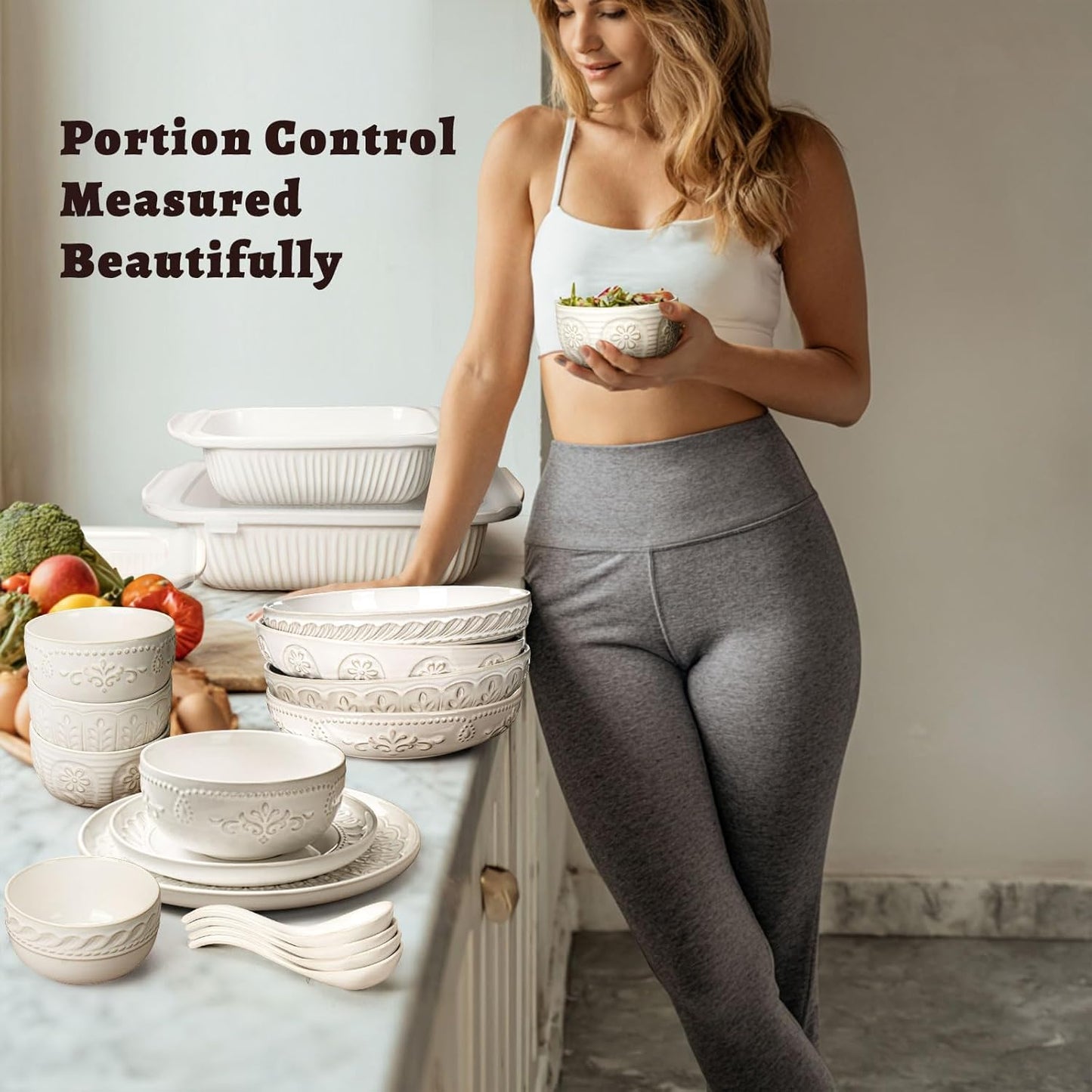 Artena Ceramic Dessert Bowls Set of 4 - 12 oz Embossed White Bowls for Ice Cream, Cereal & More | Microwave & Dishwasher Safe