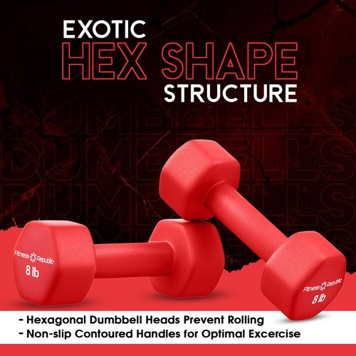 Fitness Republic 8LB Neoprene Workout Dumbbells Set of 2 - Non Slip, Anti Roll Exercise & Fitness Dumbbells - Hex Shaped Hand weights for Men & Women - Ideal for Home and Gyms training