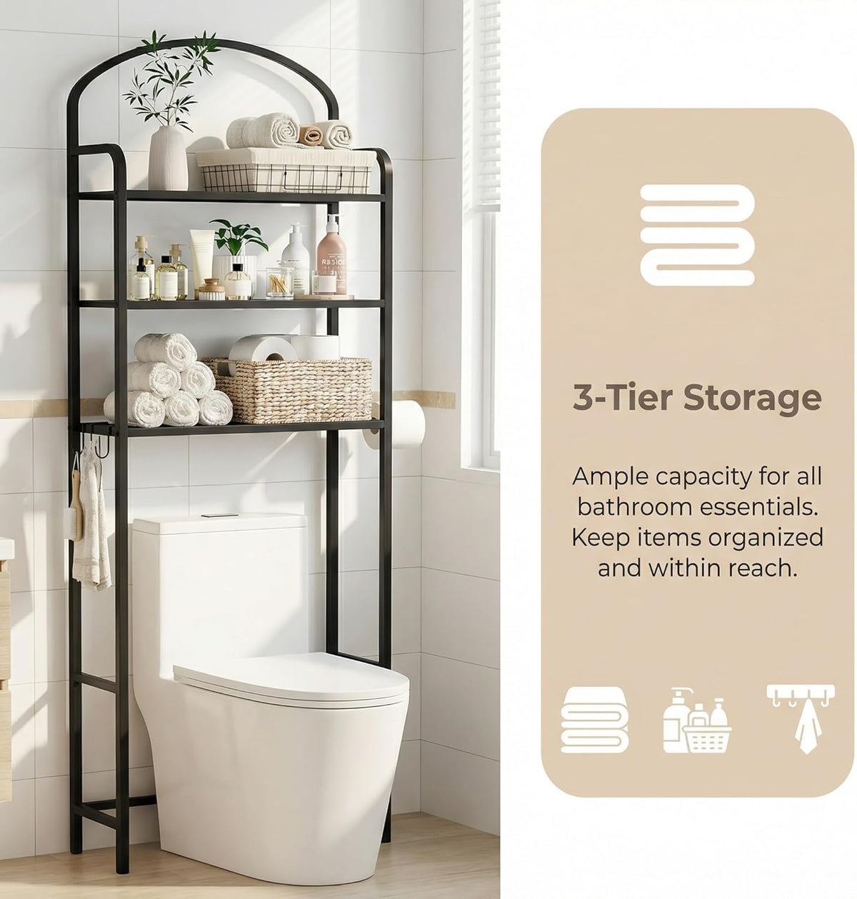 Skiennix Over The Toilet Storage Rack - 3-Tier Bathroom Organizer with Hooks & Paper Holder - Black Metal Shelf