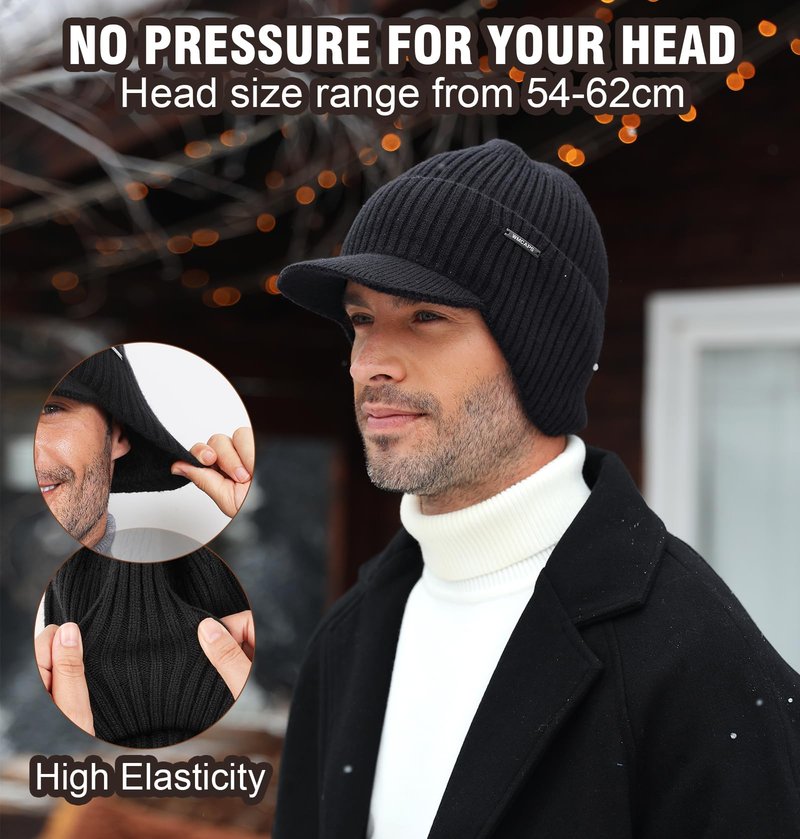Wmcaps Winter Beanie with Brim and Ear Flaps, Outdoor Warm Fleece Lined Knit Hat Stocking Caps for Men Women Charcoal Gray