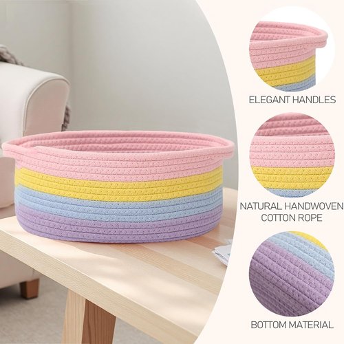 JMvicyroam Woven Basket - Small Rope Storage Bin with Handles for Organizing Shelves | 2-Pack Rainbow Design