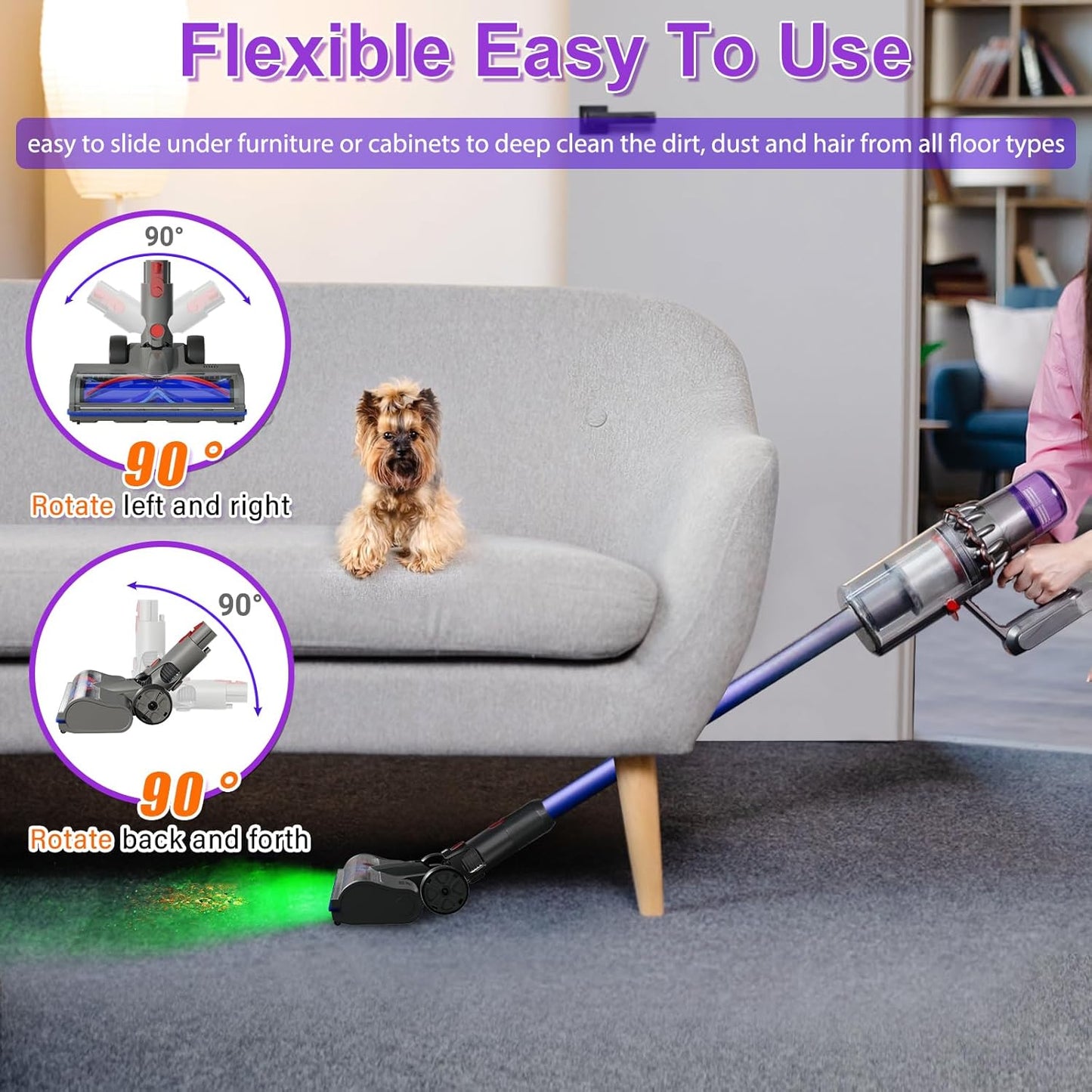Lemige Vacuum Head Replacement - Upgraded Brushes for Dyson V7 V8 V10 V11 V15 | Quick-Release Anti-Tangle Design with LED Light