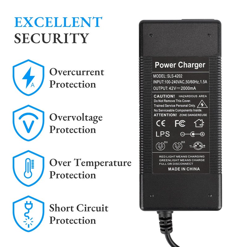 LUCK4U Electric Scooter Charger 42V 2A Power Adapter for Xiaomi and Segway Ninebot Multiple Security Protection Universal Lithium Battery Power Supply - US Plug