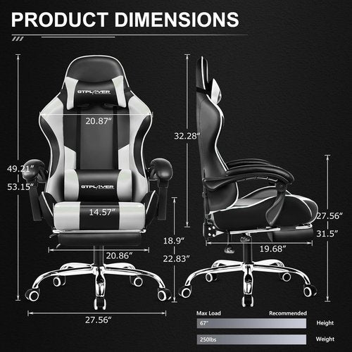 GTPLAYER Gaming Chair - Adjustable Computer Chair with Footrest & Lumbar Support | Pearl White