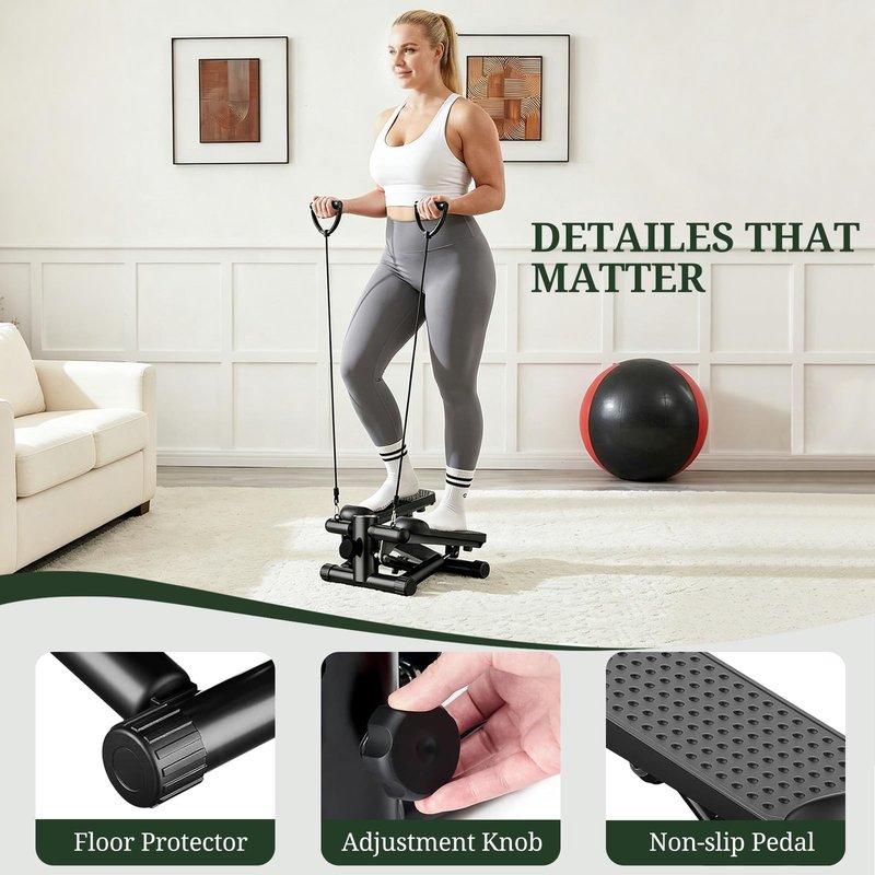 Mini Stair Steppers with Resistance Bands for Exercise at Home, Portable Exercise Twist Stepper Machine for Full Body Workout, Hydraulic Fitness Stepper with LCD Monitor, Black