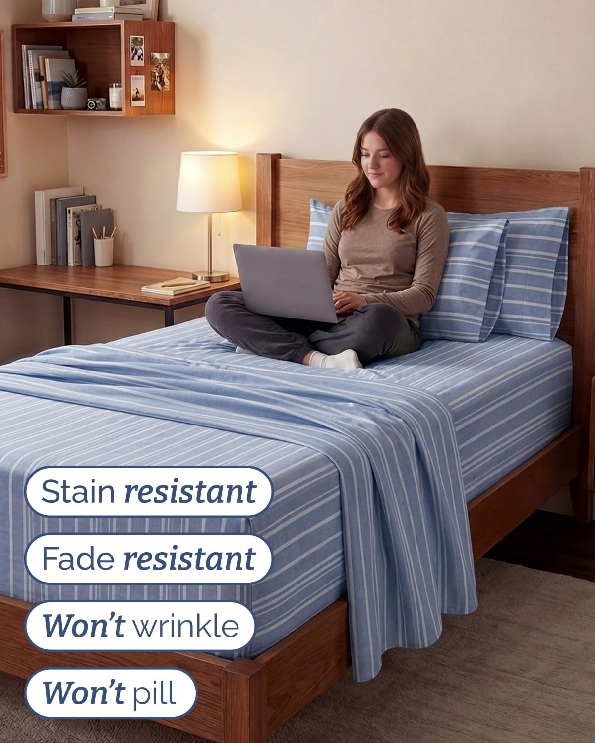Skiennix Extra Deep Twin XL Sheet Set - 4-Piece Breathable Cooling Bedding - Soft Wrinkle-Free Blue Stripes