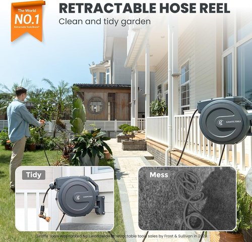 Giraffe Tools Retractable Garden Hose Reel - 5/8 Inch x 90 Ft | Wall Mounted with 180° Swivel Bracket & 9 Pattern Nozzle