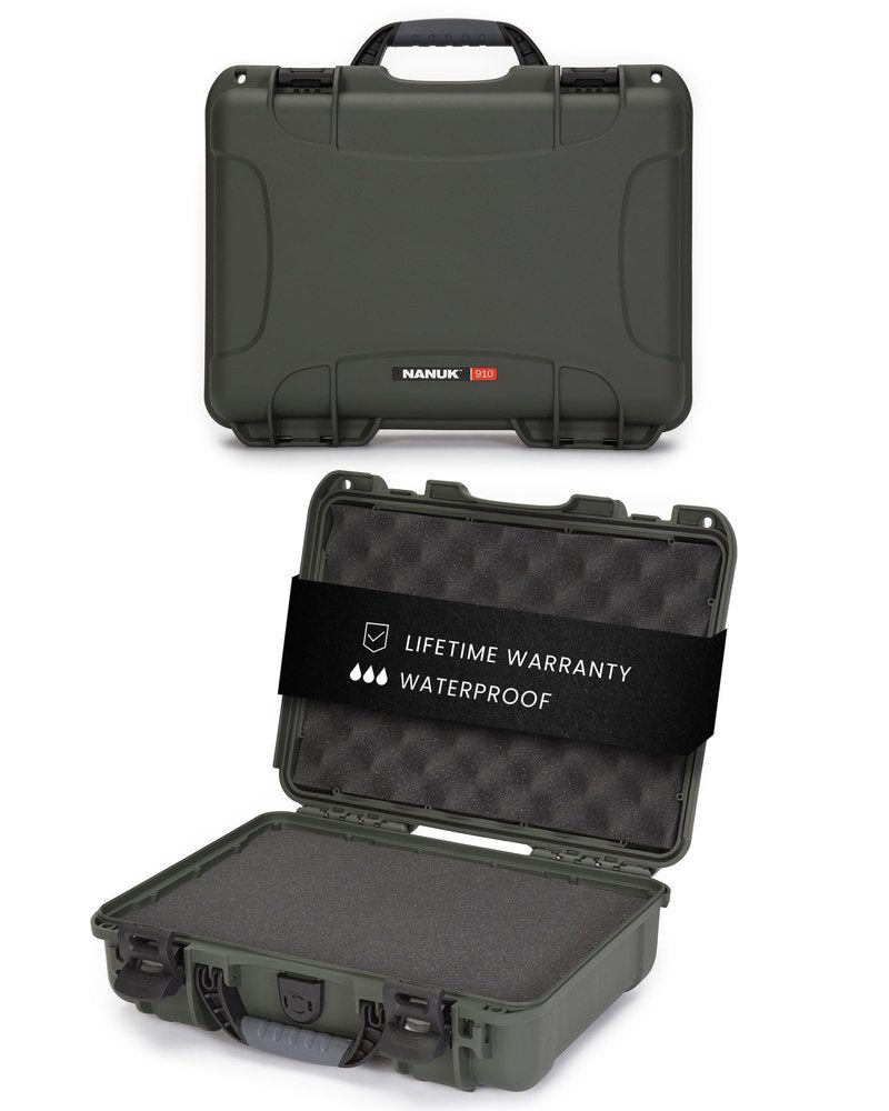 NANUK 910 Hard Case with Customizable Cubed Foam, IP67 Waterproof, Dustproof and Impact Resistant, 14.3” x 11.1” x 4.7”, Rugged Construction for Ultimate Protection, Made in Canada - Olive