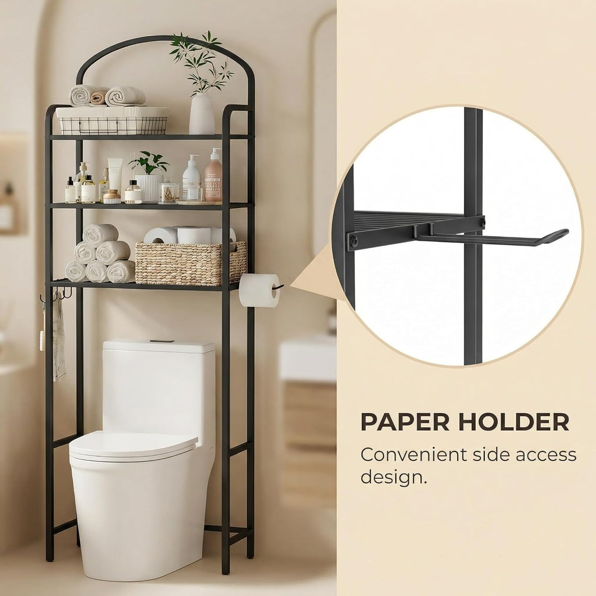 Skiennix Over The Toilet Storage Rack - 3-Tier Bathroom Organizer with Hooks & Paper Holder - Black Metal Shelf