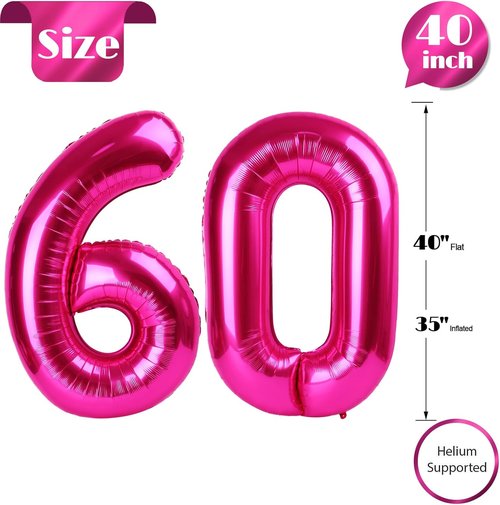 Hot Pink Number 60 Balloon - 40 Inch 60th Birthday Decorations for Women | Vibrant Party Supplies