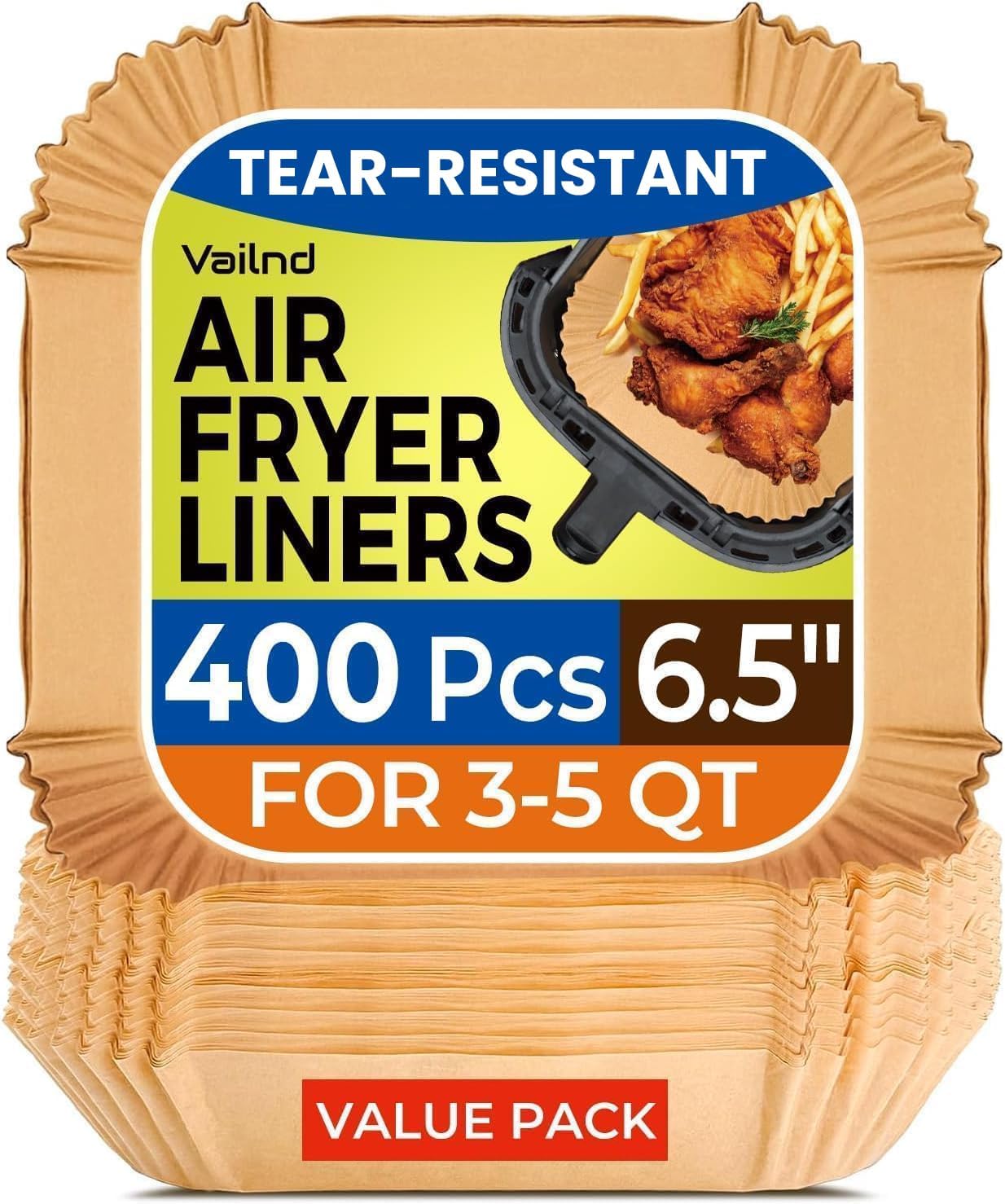 Skiennix Air Fryer Paper Liners - 400 Pcs Heavy-Duty Non-Stick Parchment, 6.5" Square for 2-4 Qt Baskets