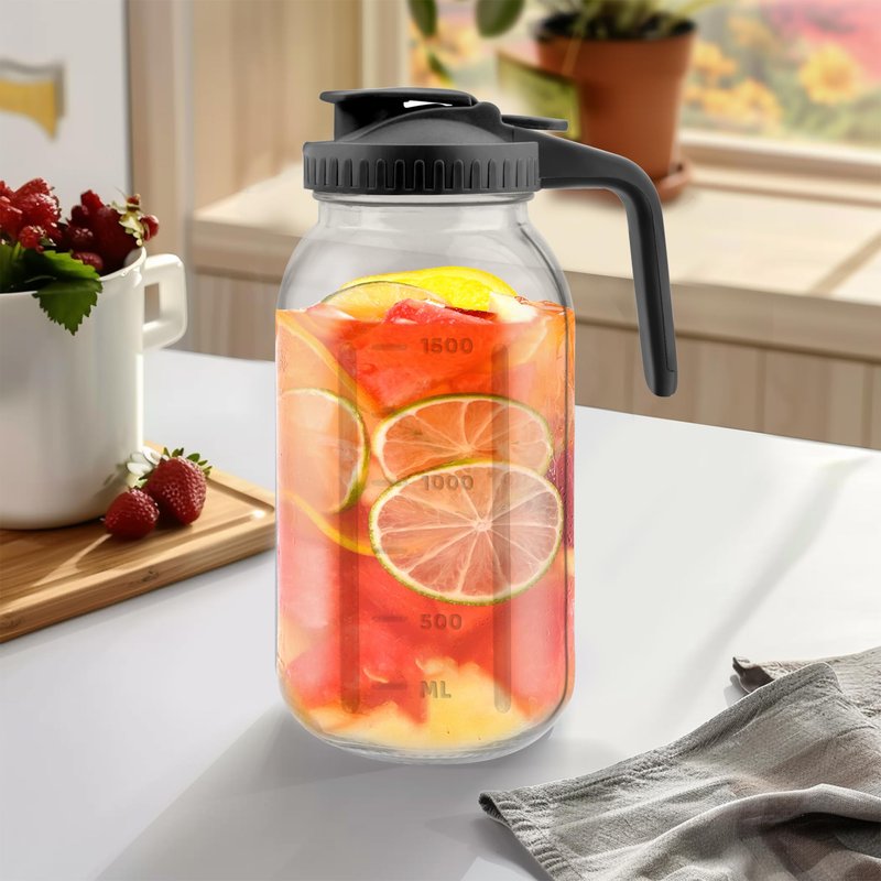 64 Oz Glass Pitcher with Lid, 2 Quart Heavy Duty Cold Brew Pitcher, Leak-Proof, Wide Mouth Mason Jar with Pouring Airtight Lid,Ideal for Fridge Storage