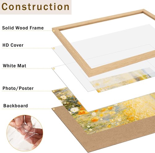 JCJMY 11x14 Picture Frame Set of 4 - Solid Wood Frames with Shatter Resistant Plexiglass | Display 8x10 or 11x14