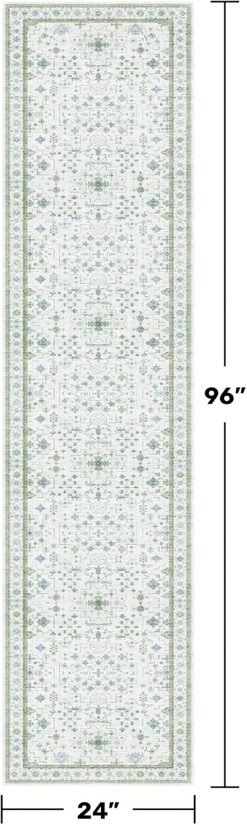 Hazo Haus Washable Oushak Bathroom Runner Rug - Vintage Turkish Floral Design | 2x8 ft Low Pile Non-Slip in Cream, Blue, and Green