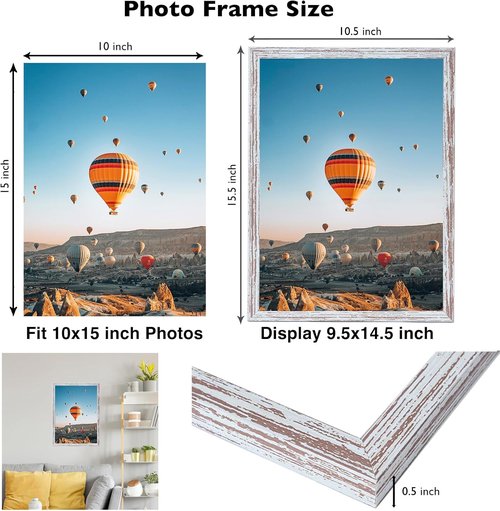 JCJMY 10x15 Rustic White Picture Frame - Versatile Wall Mounting for Horizontal or Vertical Display