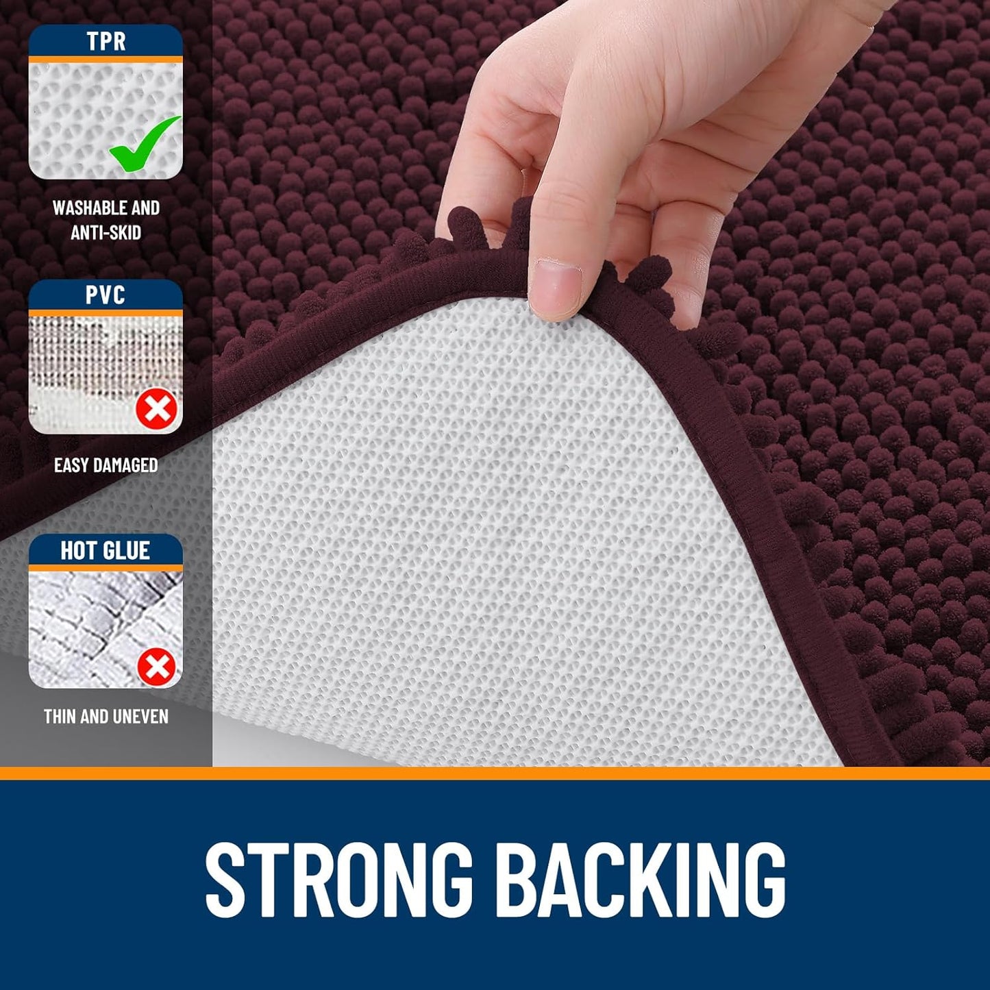OLANLY Bathroom Rugs - Extra Soft Chenille Bath Mats with Rubber Backing | 36x24, Quick Dry, Black Cherry