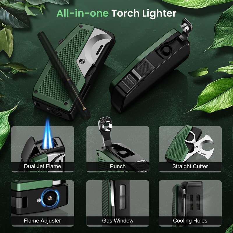 All-in-One Torch Lighters with Straight Cutter, Punch, Holder, Windproof Dual Jet Flame Torch Lighter, Refillable Butane Torch Lighters with Gift Box for Men, Multi-function Accessories for Men Luxury