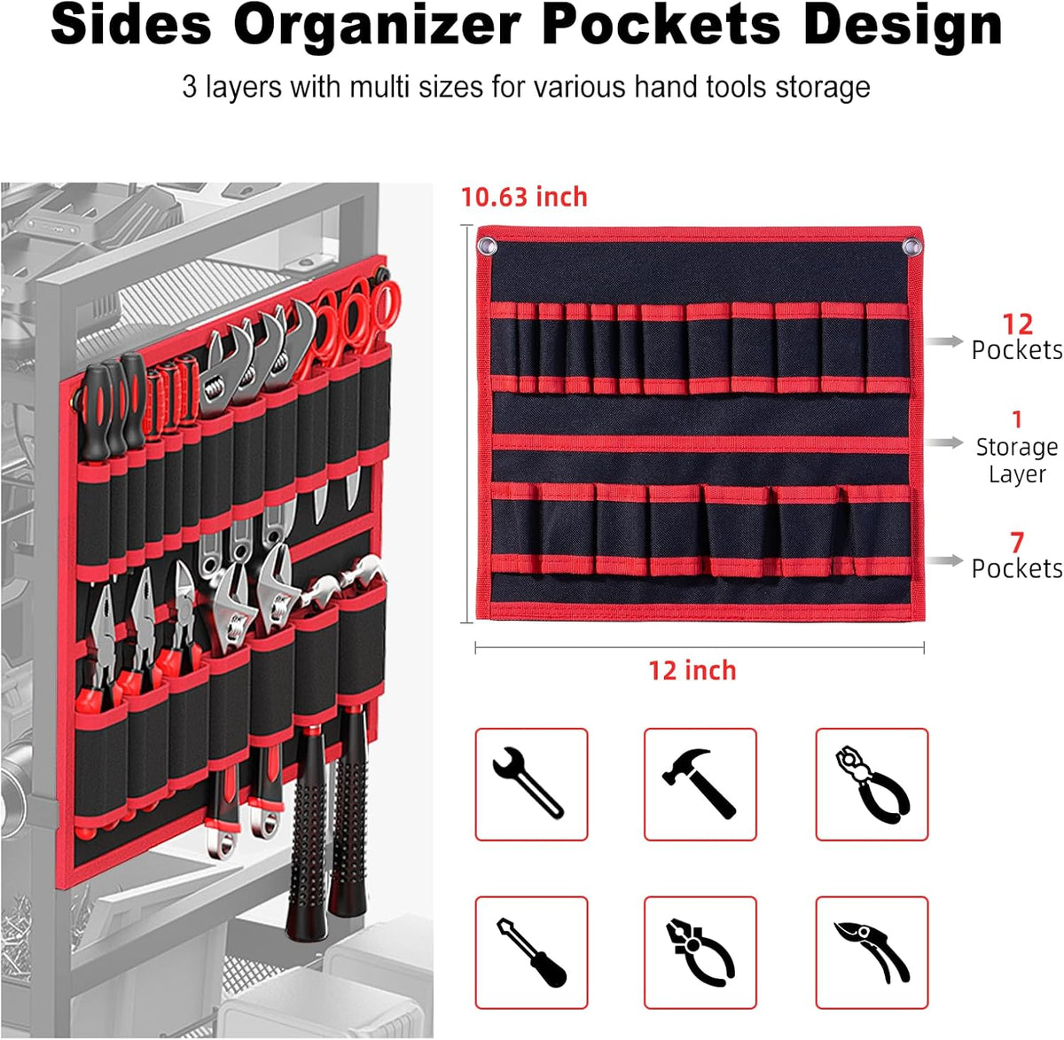 JUNNUJ Power Tool Organizer Cart - Heavy Duty Rolling Storage Rack with 20A Charging Station | Red