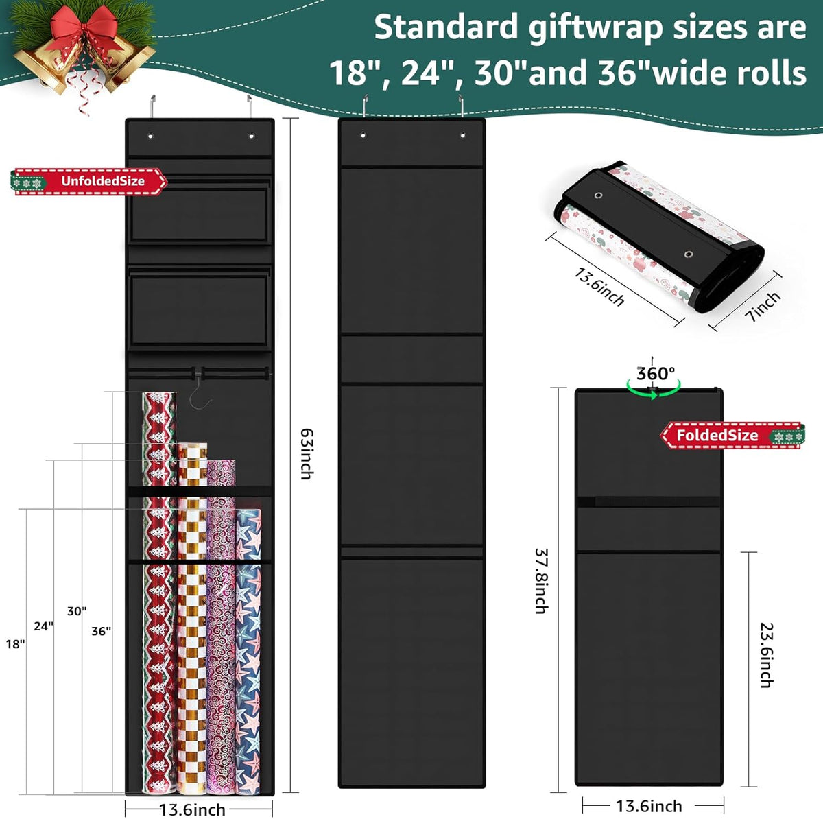 Woodoulogy Wrapping Paper Organizer - Double-Sided Gift Wrap Roll Holder | 63"x13" Over Door Storage - Black