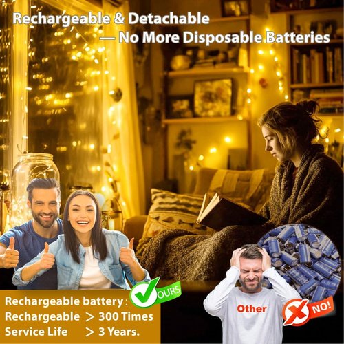HXWEIYE 300L Curtain Lights - Plug-In & 6 Pack Rechargeable Fairy Lights with Remote & Timer