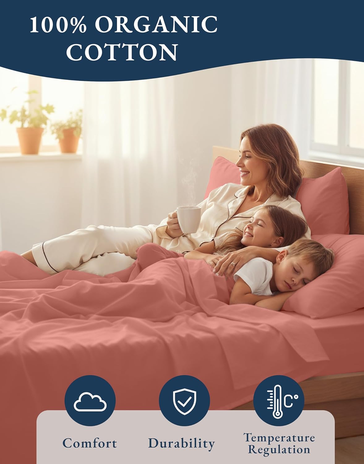 LANE LINEN 100% Organic Cotton Full Sheets Set - Ultra Soft Percale Bedding, Fits Mattresses Up to 15" Deep | Rose Dawn