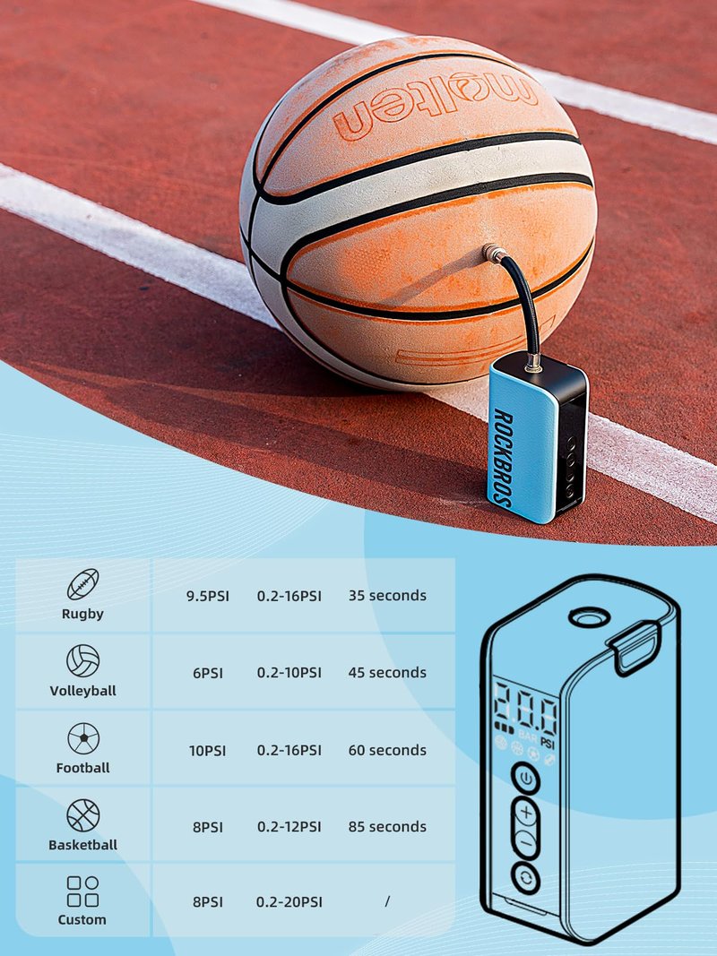 ROCKBROS Electric Ball Pump, Smart Air Pump Portable Fast Ball Inflation with Precise Pressure Gauge, Football Air Pump with Needles for Sports Balls, Basketball, Volleyball, Rugby