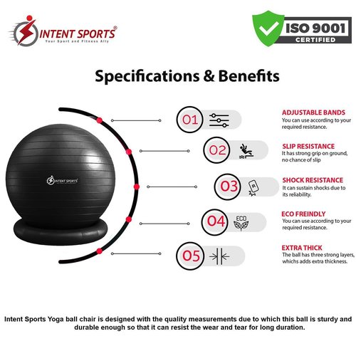 INTENT SPORTS Yoga Ball Chair – Stability Ball with Inflatable Stability Base & Resistance Bands, Fitness Ball for Home Gym, Office, Improves Back Pain, Core, Posture & Balance (65 cm)(Black)