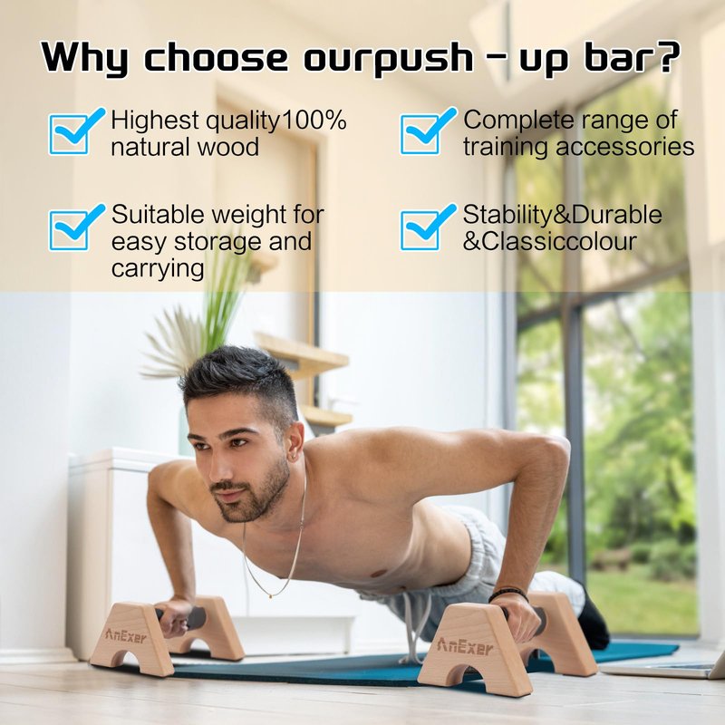 AnExer Push Up Stands, Handstand Parallettes Bars, Solid Wood Push Up Bars with Non-Slip Mat Push up Handles for Floor Exercise Home Workout Equipment for Men & Women Strength Training (Beech Wood-25cm)