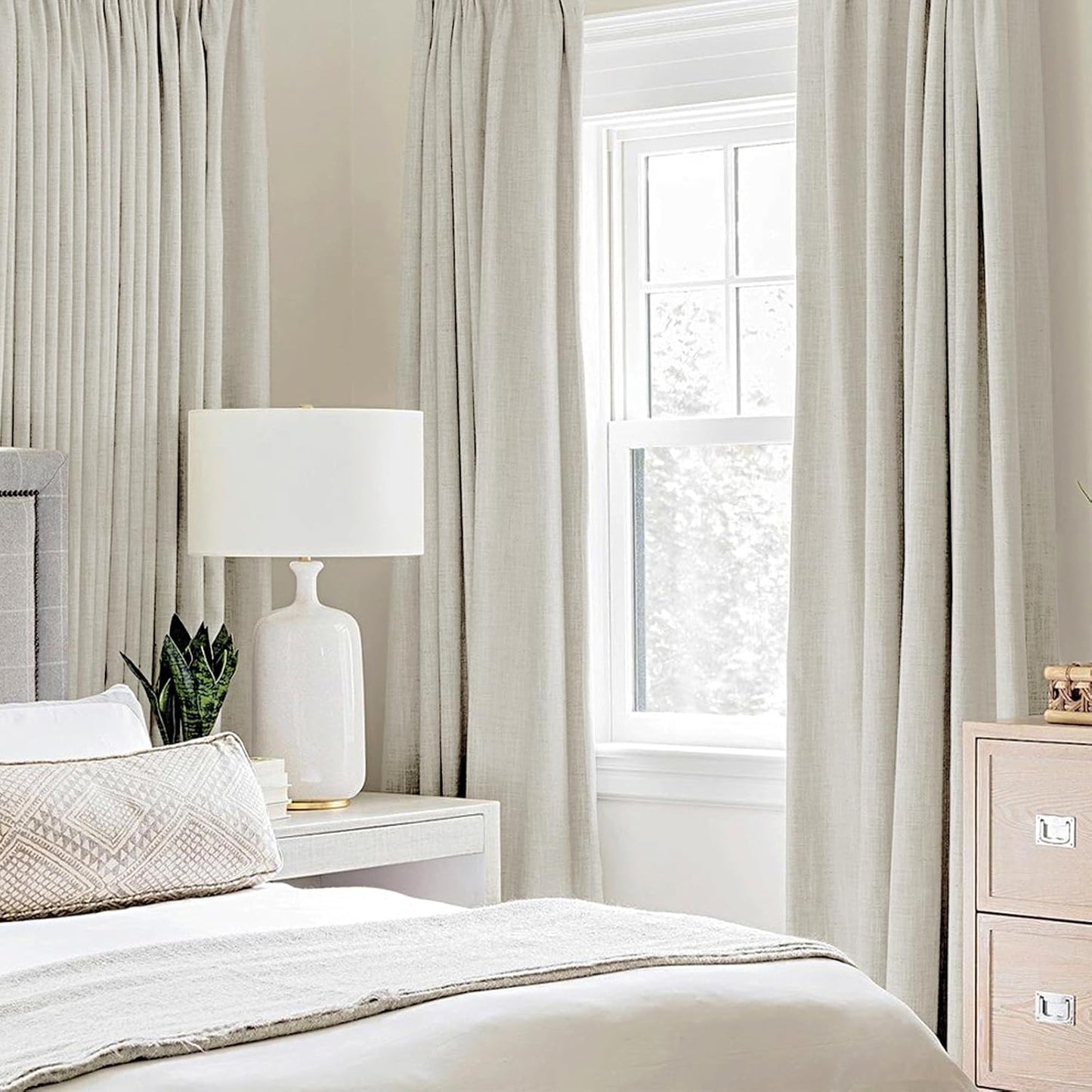 MIULEE Linen Texture Curtains - 100% Blackout Thermal Insulated Drapes | Light Cream, 52x54 Inch (2 Panels)