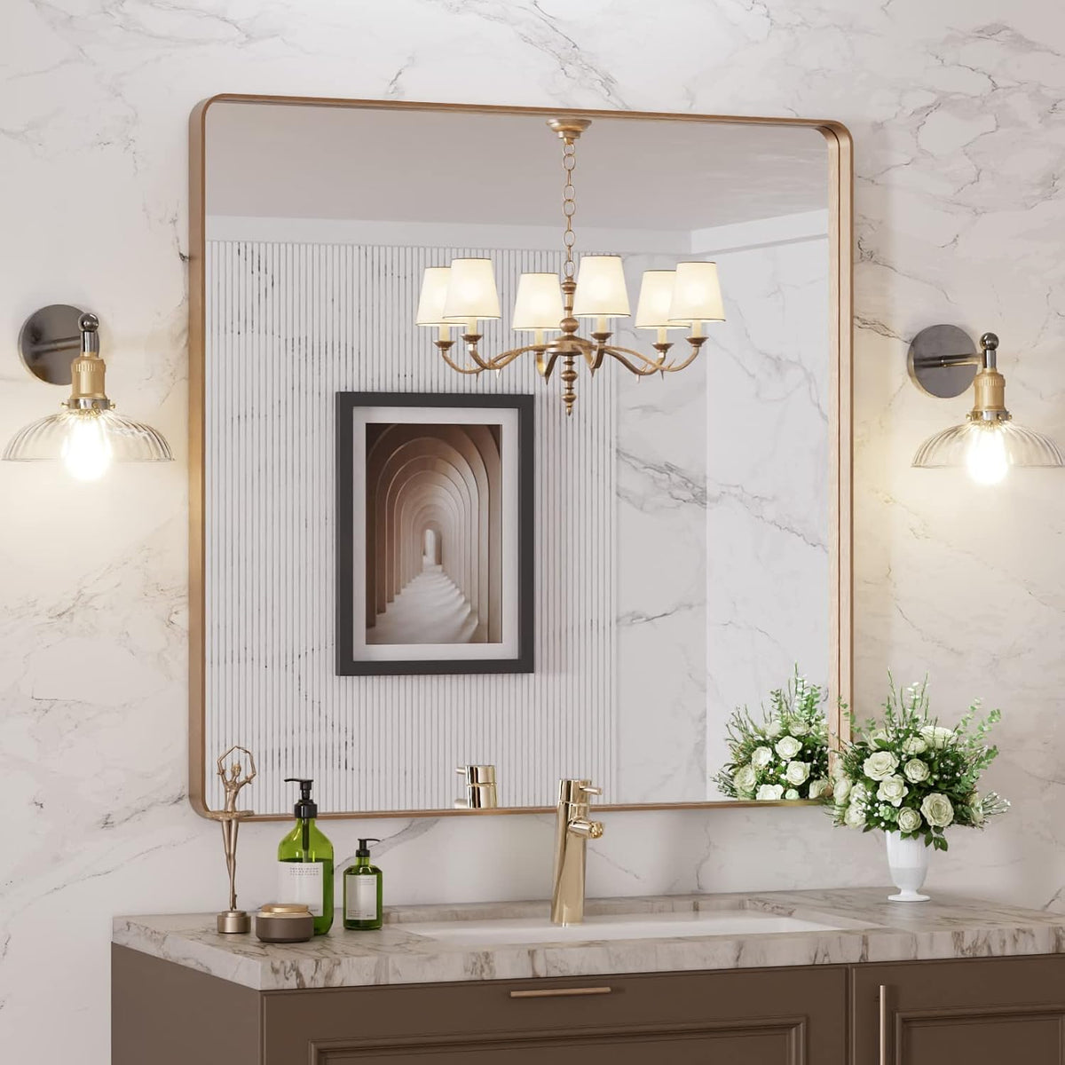 LOAAO Gold Bathroom Mirror - 36”X36” Rounded Rectangle Design | Anti-Rust Tempered Glass, Wall-Mounted