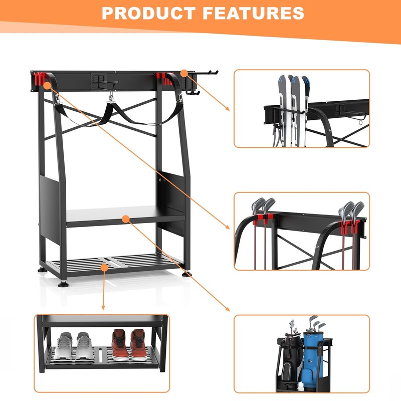 WALMANN Wall Mount Golf Bag Organizer, 2 Golf Bags Stand Golfing Equipment and Accessories Storage Rack for Garage(Black)