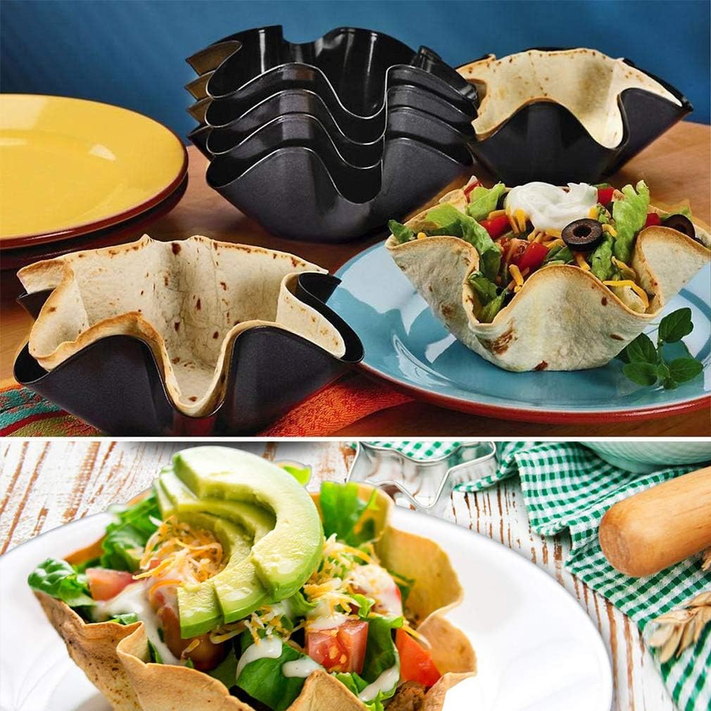 Kafear Taco Salad Bowl Maker Molds - Nonstick Carbon Steel Tortilla Shell Pans | 4 Pack Black