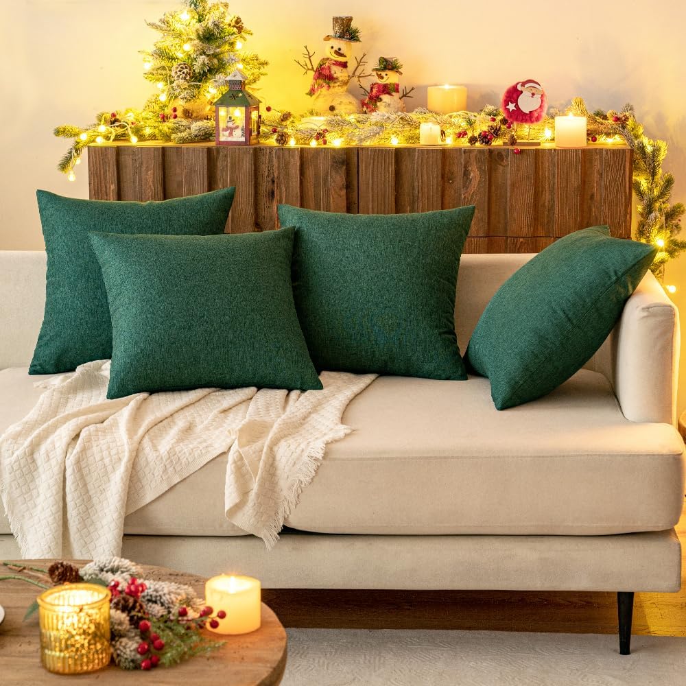 MIULEE Decorative Outdoor Throw Pillow Covers - Waterproof Faux Linen Cushion Cases | 20x12 Inch Emerald Green (Pack of 2)