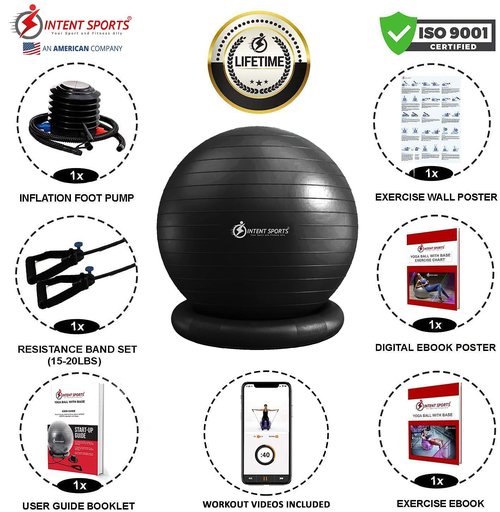 INTENT SPORTS Yoga Ball Chair – Stability Ball with Inflatable Stability Base & Resistance Bands, Fitness Ball for Home Gym, Office, Improves Back Pain, Core, Posture & Balance (65 cm)(Black)
