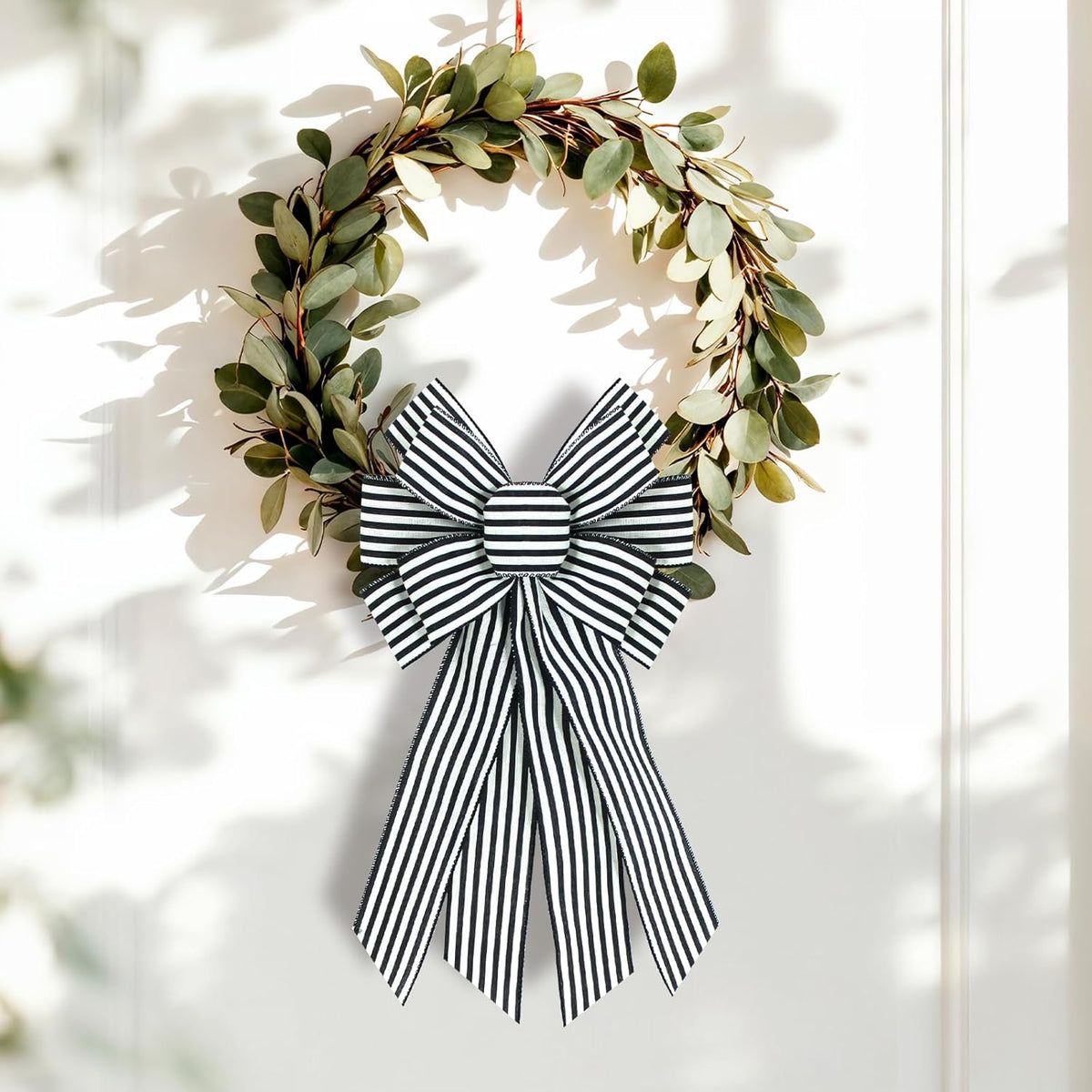Skiennix Burlap Wreath Bow - Black & White Stripes | 20 x 11 Inches for Home & Front Door Decor