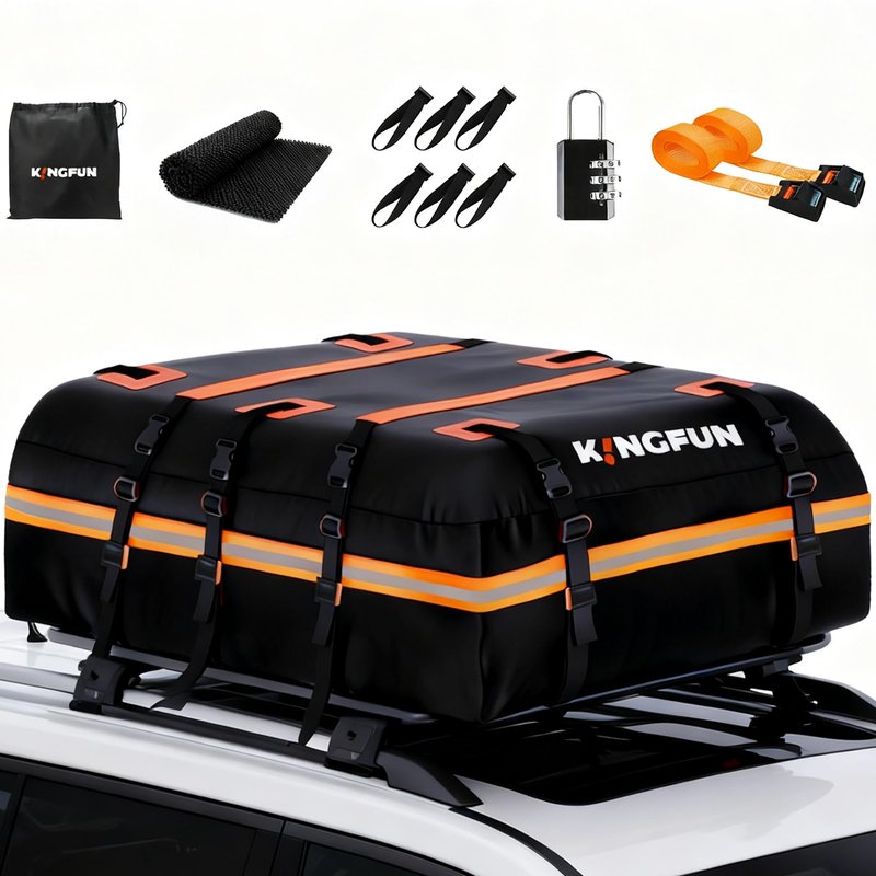 Kingfun Car Rooftop Cargo Carrier Bag, Waterproof 20 Cubic Feet Car Roof Luggage Carrier for All Vechicles with/Without Racks, Includes Anti-Slip Mat, 8 Reinforced Straps, 6 Door Hooks, Luggage Locks