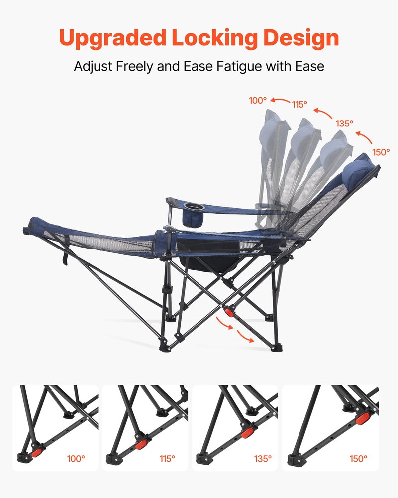 VEVOR 2-in-1 Reclining Camping Chair with Footrest for Adults, 4 Adjustable Positions, Portable Folding Lounger, Lightweight Mesh Beach Chair Supports 220lbs, Heavy Duty Camp Chairs Outdoor, Blue