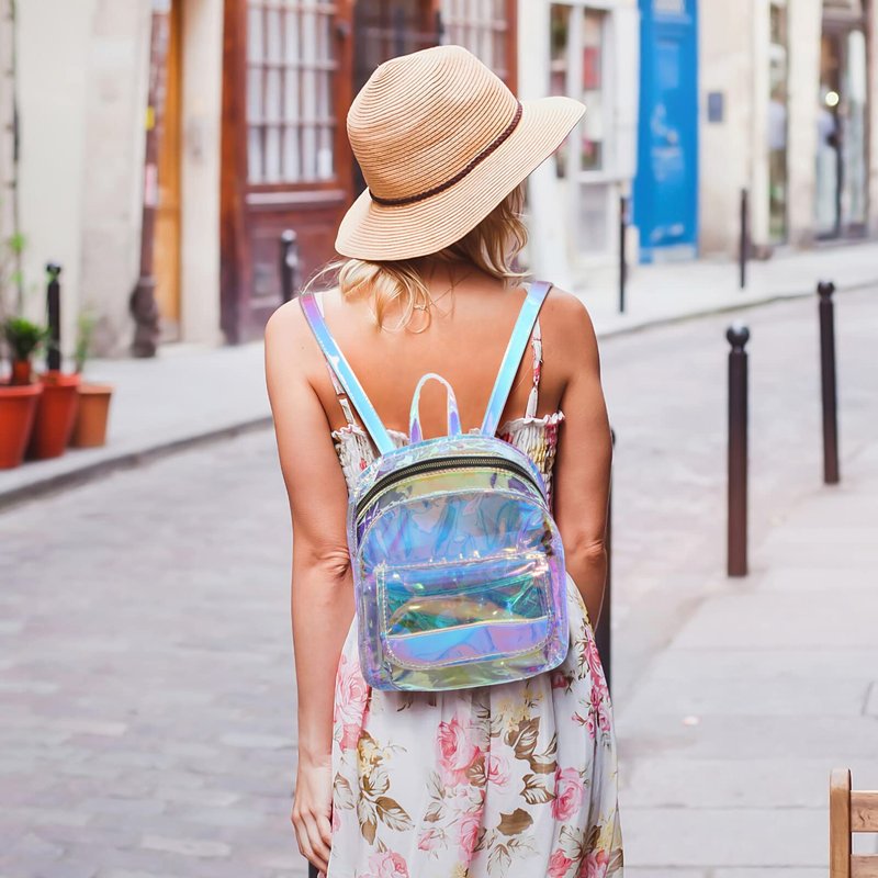 Abaodam Shiny Iridescent Backpack for Women Lightweight Transparent Holographic Travel Bag Small Student Bookbag 9X4X11 Inches