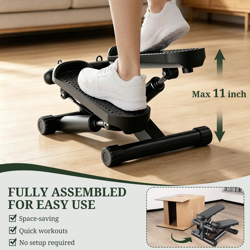 Mini Stair Steppers with Resistance Bands for Exercise at Home, Portable Exercise Twist Stepper Machine for Full Body Workout, Hydraulic Fitness Stepper with LCD Monitor, Black