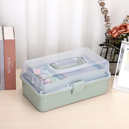 BTSKY 3-Layer Craft Organizer - Adjustable Spacers & Portable Handle - Haze Green Storage Box