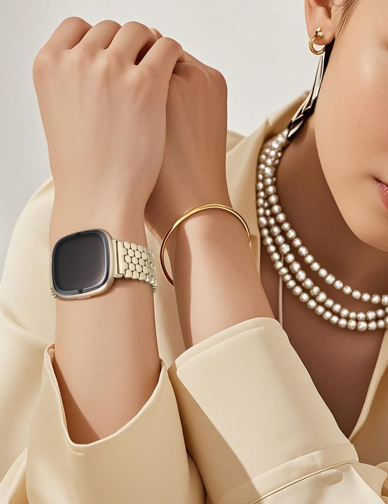 Minyee Metal Bands Compatible with Fitbit Sense 2/Versa 4/Versa 3/Sense Bands Women, Dressy Stainless Steel Chain Honeycomb Designer Fancy Gold Link Bracelet Wristband Replacement Strap for Sense 2