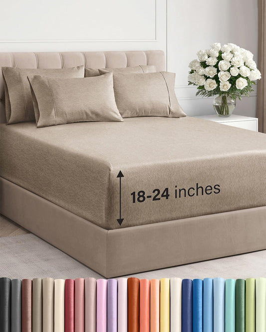 Skiennix Extra Deep Full Sheet Set - 6 Piece Breathable Cooling Bedding - Soft Wrinkle-Free Heathered Beige