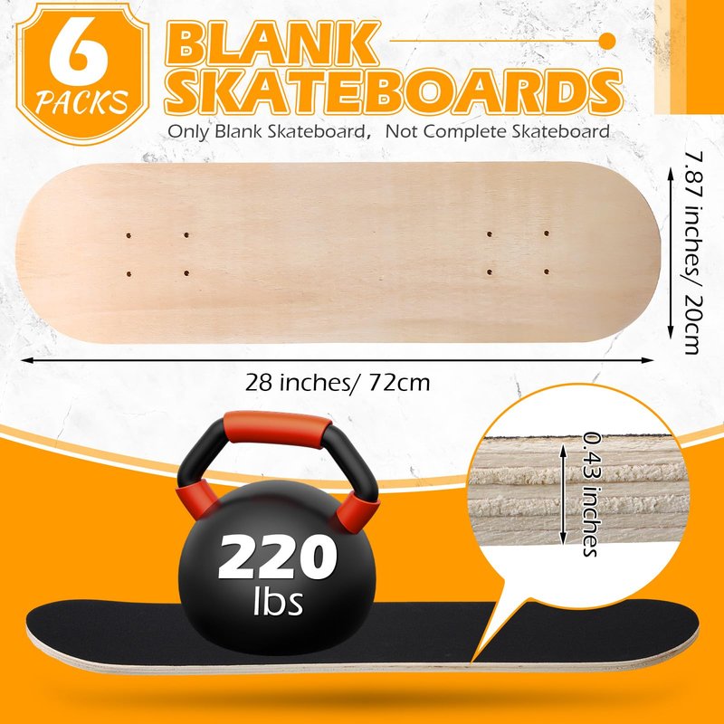 Meooeck 6 Pcs Blank Skateboard Decks for Art Painting 28 x 8 Inches, Wooden Maple Skateboard Replacement 7 Layer Double Tail Plain Skate Board Unfinished with Sandpaper for Art Decor
