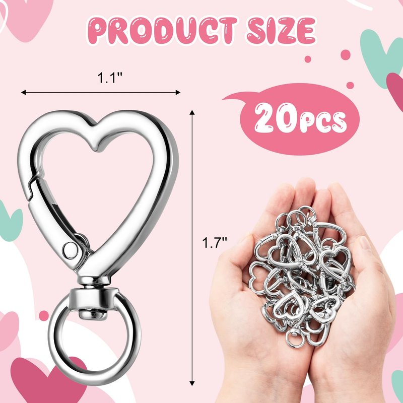 Metal Heart Shape Keychain, 20pcs Sliver Heart Carabiner Clips for Keys, Snap Hook Keychain Clip for Wristlets, Card Holders and Picture Keychains
