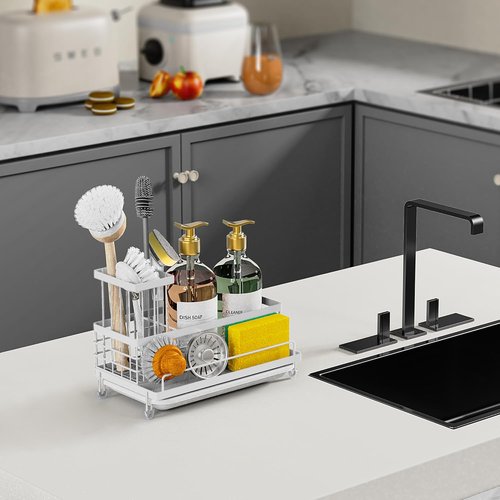 Cisily Stainless Steel Kitchen Sink Caddy - Rustproof Organizer with Non-Slip Soap Dish & Sponge Holder | White