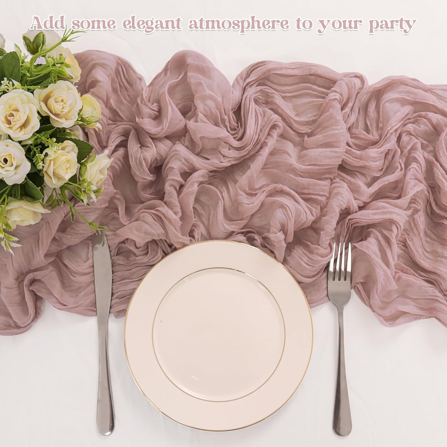 Skiennix Dusty Pink Cheesecloth Table Runner - 10FT Boho Vintage Sheer Runners for Weddings & Events