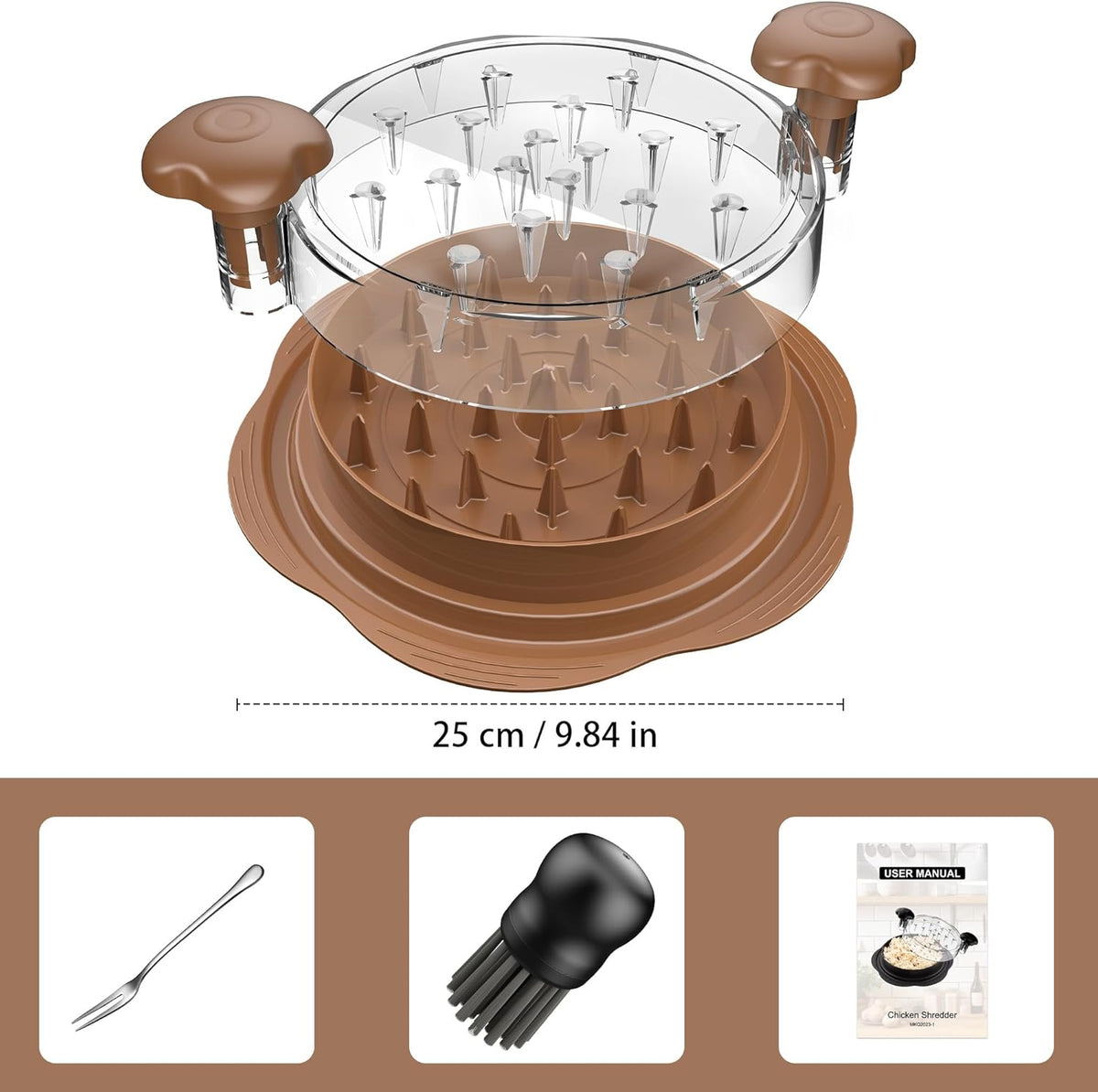 Skiennix Chicken Shredder - Ergonomic Meat Shredding Tool with Brush & Fork | BPA-Free, Brown