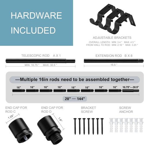 Byondeth Curtain Rods - Adjustable 16 to 144 Inches | 1 Inch Diameter | Black with Aluminium Finials